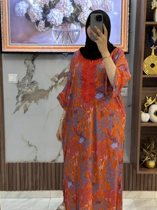 embroidered marble kaftan detail neckline women