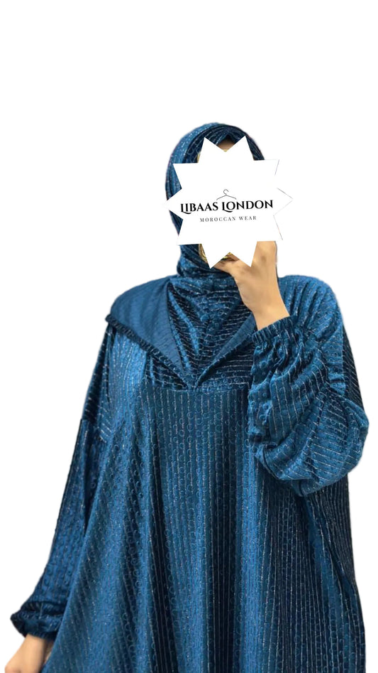 Moroccan hooded abaya for women UK standard fit elegant modest Islamic dress blue
