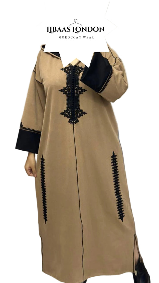 Moroccan hooded djellaba for women UK crepe Jawhara regular fit elegant modest dress front view