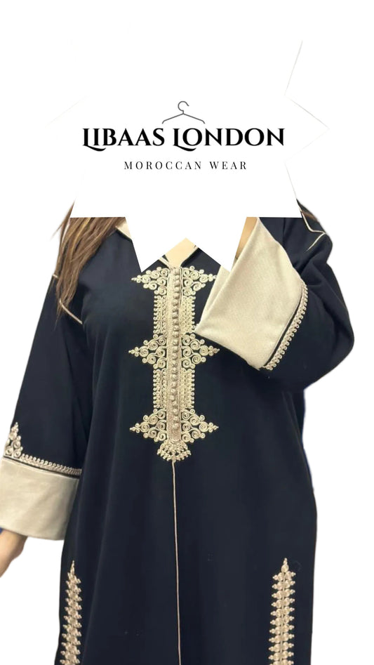 Close front view Moroccan hooded djellaba women crepe Jawhara fabric elegant modest wear UK