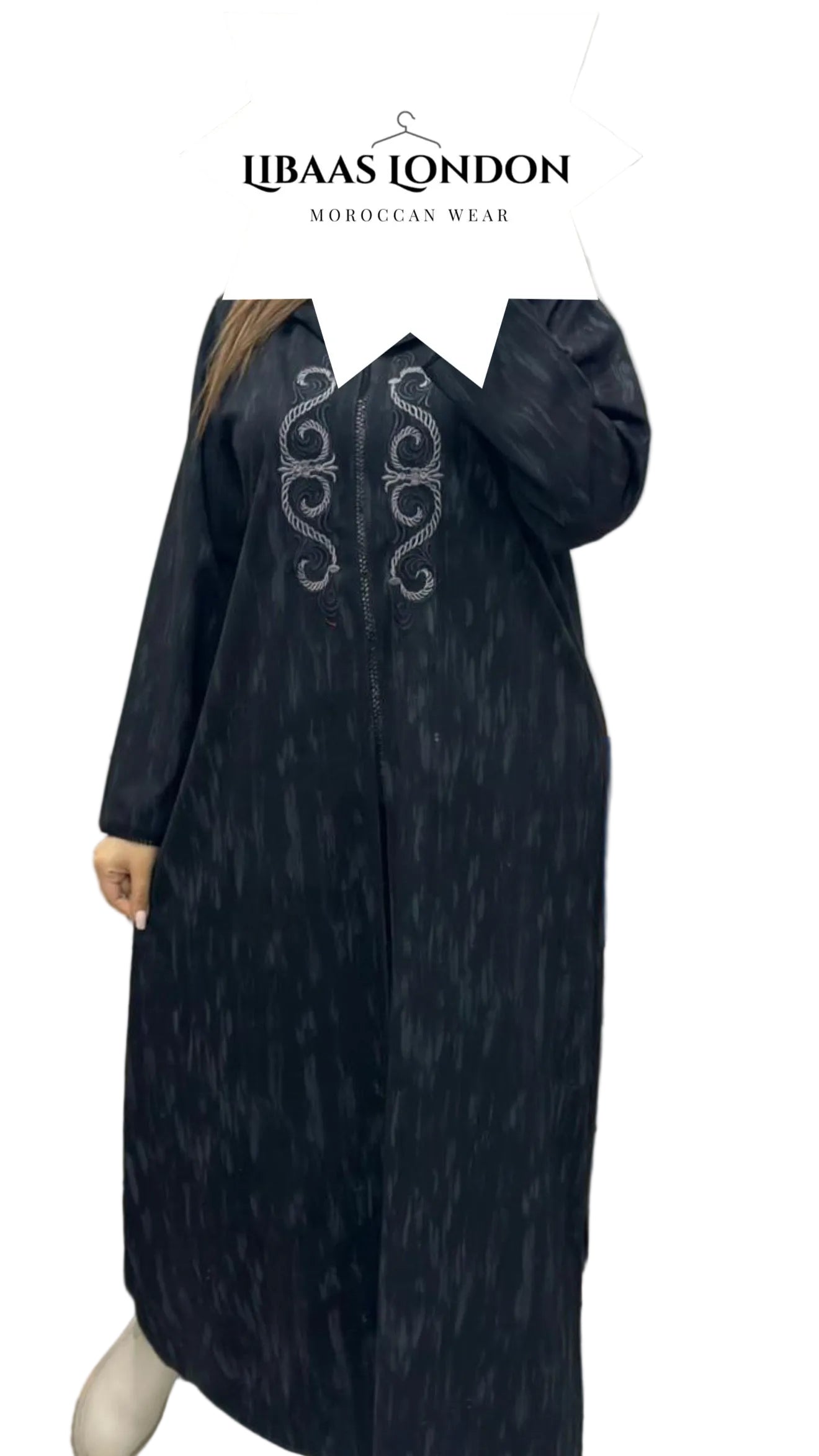 Black Moroccan hooded djellaba for women UK elegant kaftan front view