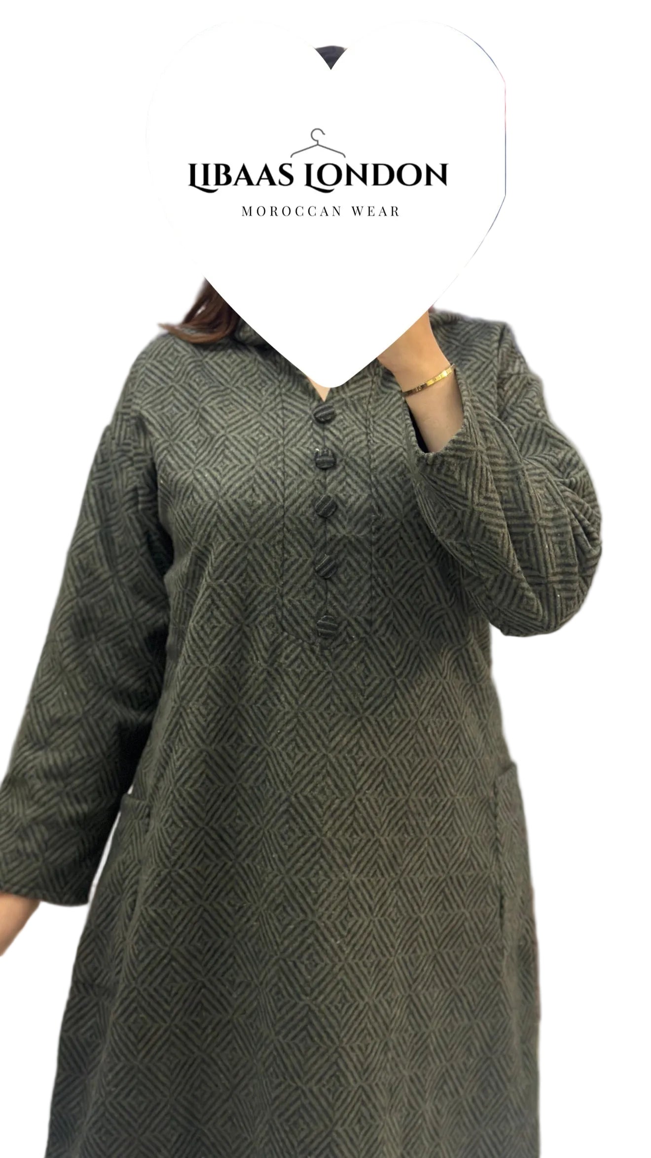 green Moroccan hooded djellaba for women UK front view