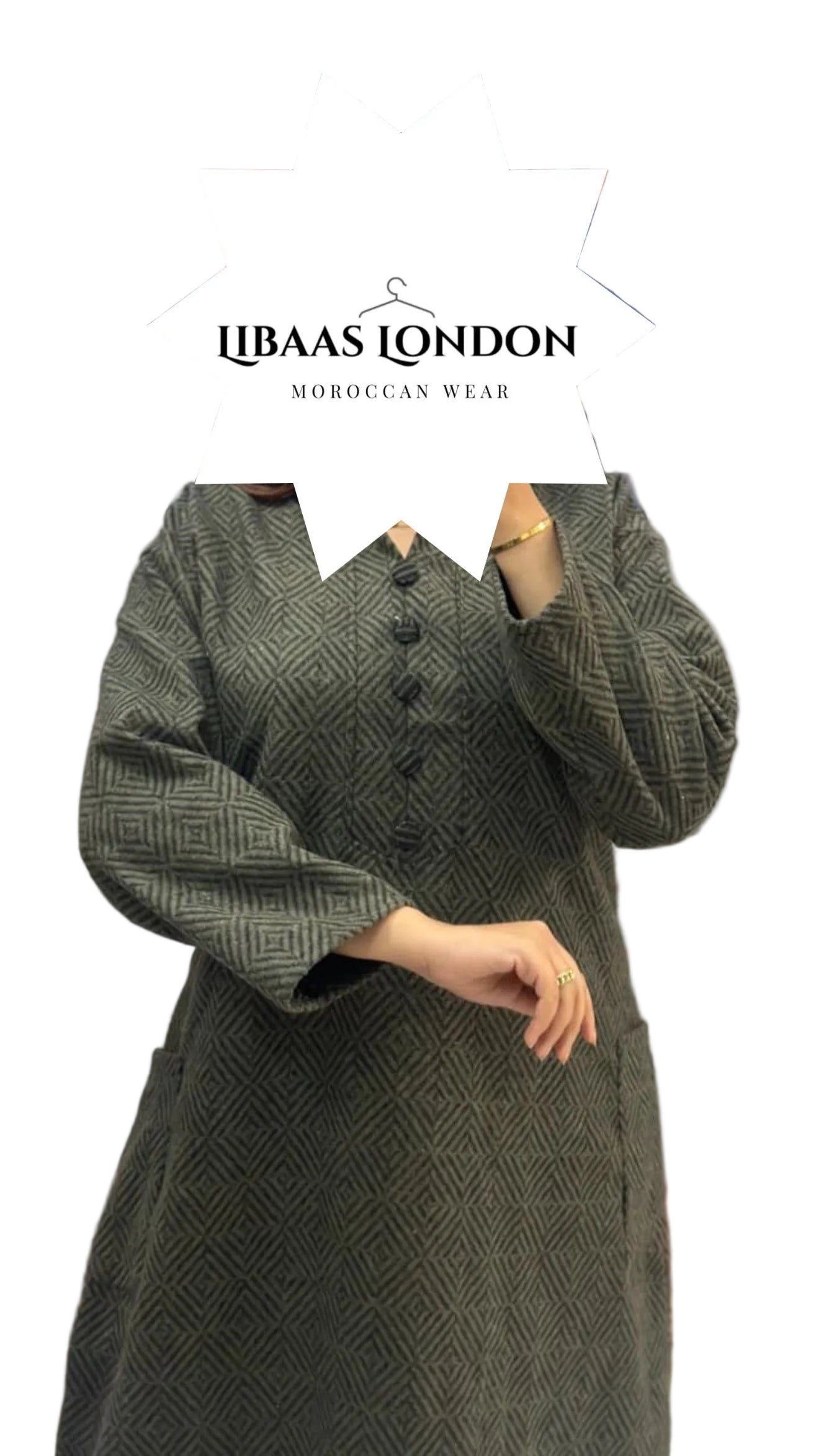 Moroccan hooded djellaba for women dark green kaftan UK front view