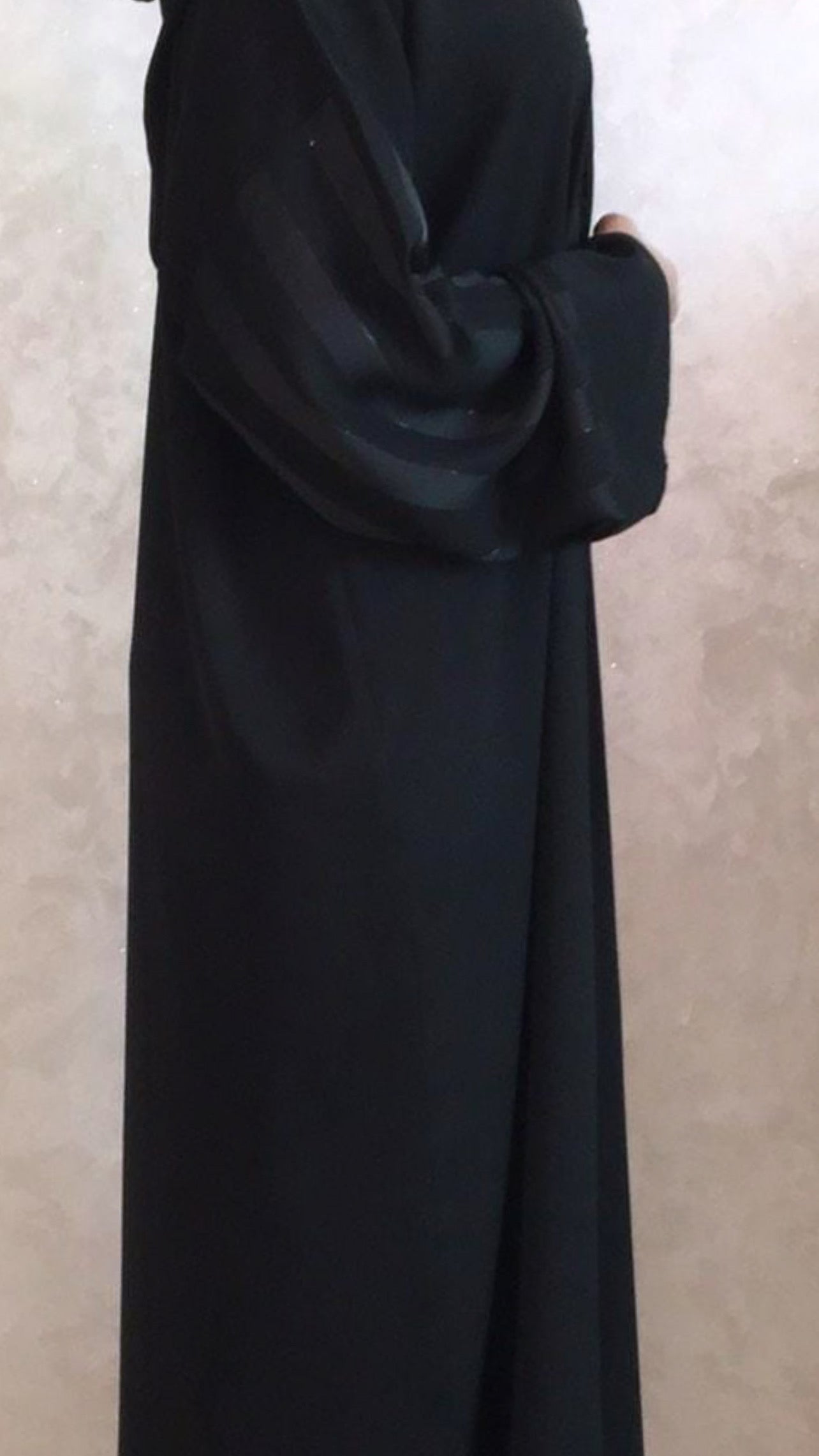 Close view Moroccan hooded djellaba crepe Jawhara fabric detail women UK modest wear
